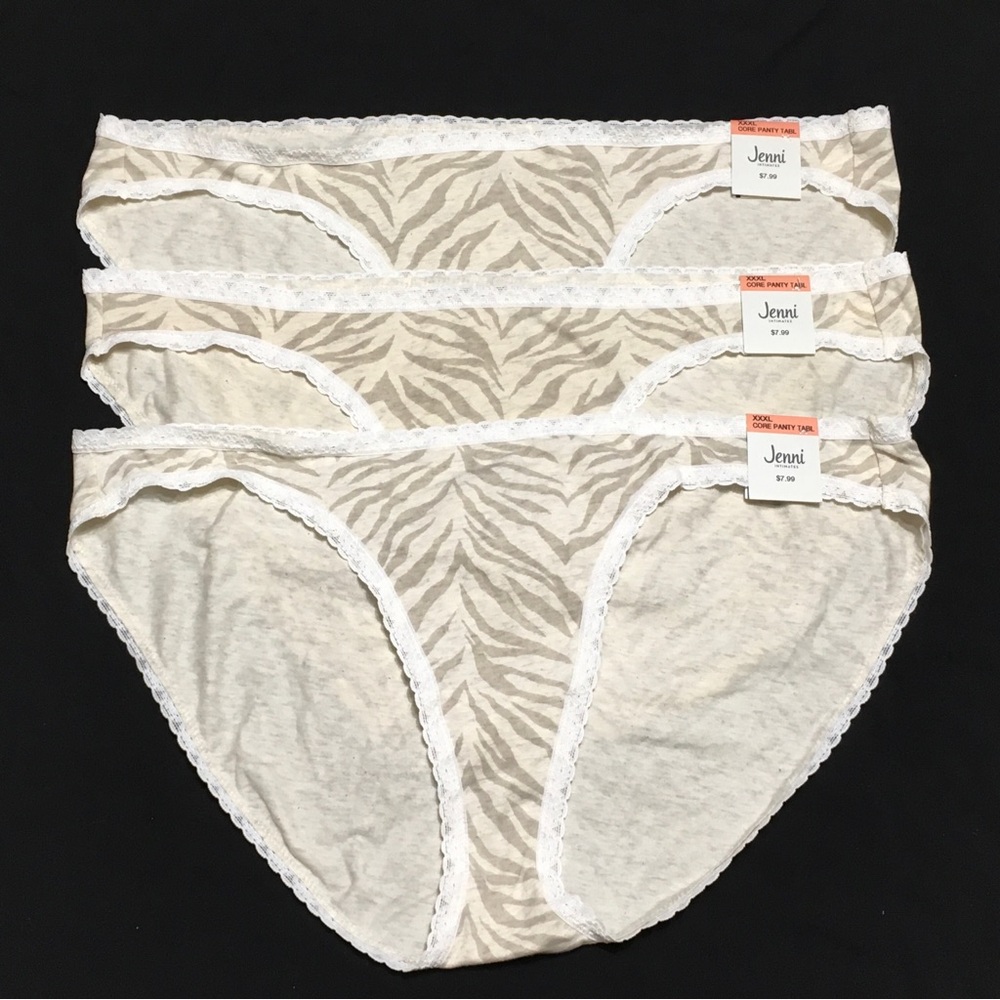 3- Jenni Intimates XXXL Tan Tiger Print Lace Trim Cotton Underwear Bikini Panty